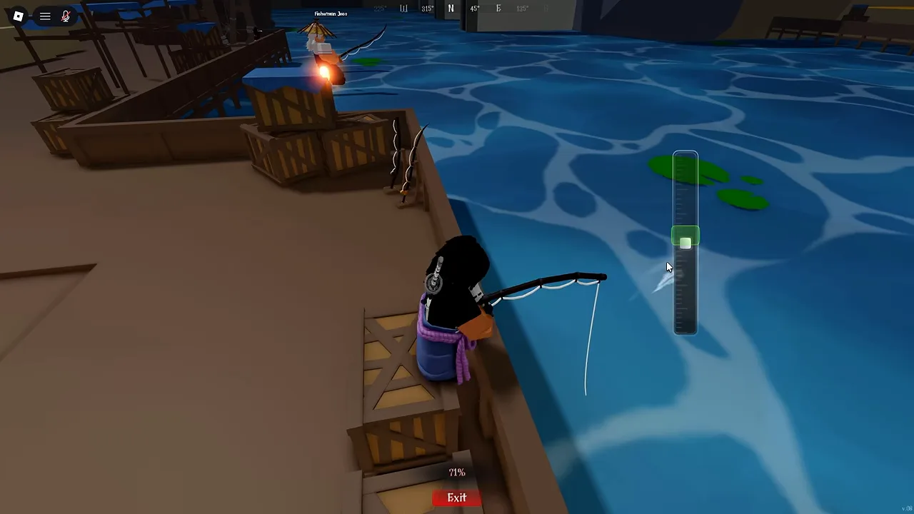 A player fishing off a pier with a vertical bar and a percentage on screen
