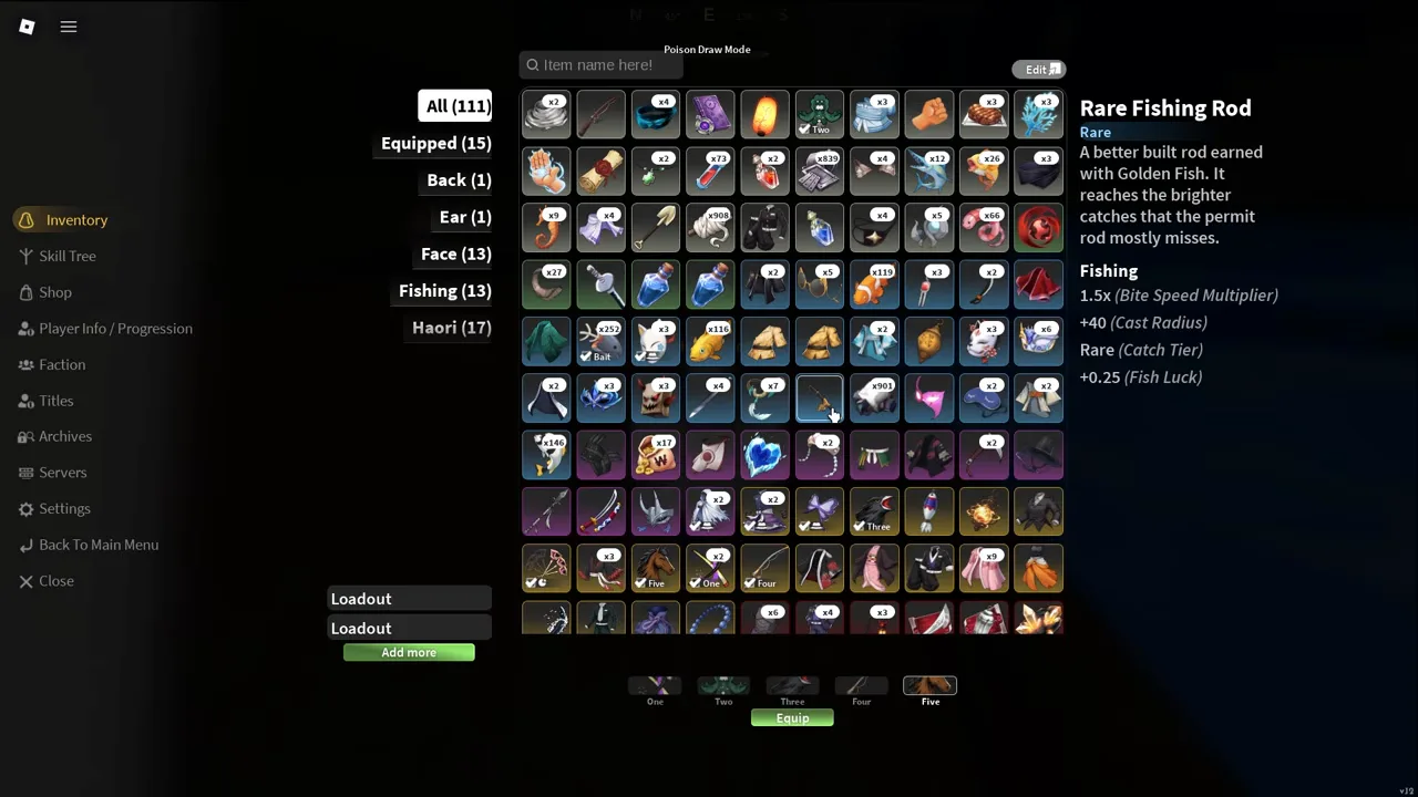 An inventory card for the Rare Fishing Rod with four stats