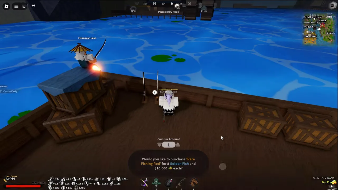 A fisherman NPC sitting on a crate on the pier, a purchase dialog below
