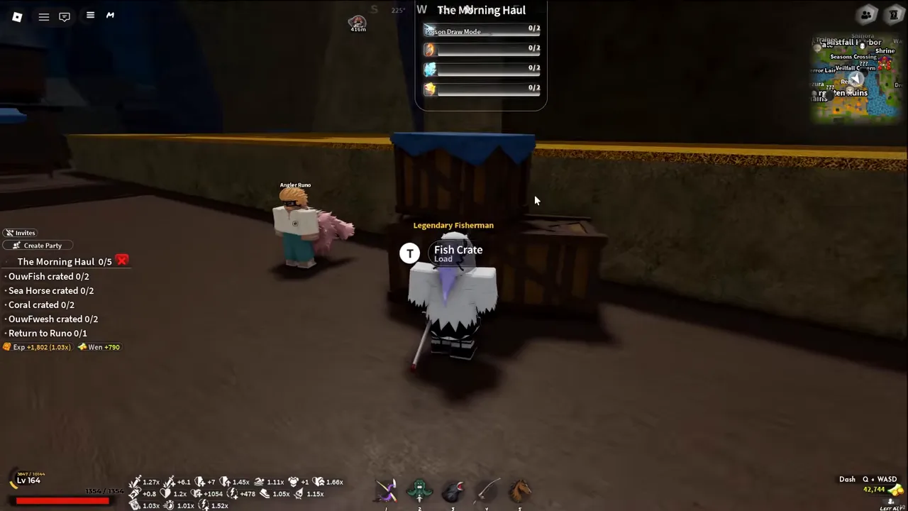 A player loading a fish crate on the docks, a quest tracker on the left