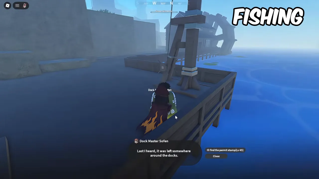 A player on a wooden pier talking to the dock master, a quest option on the right