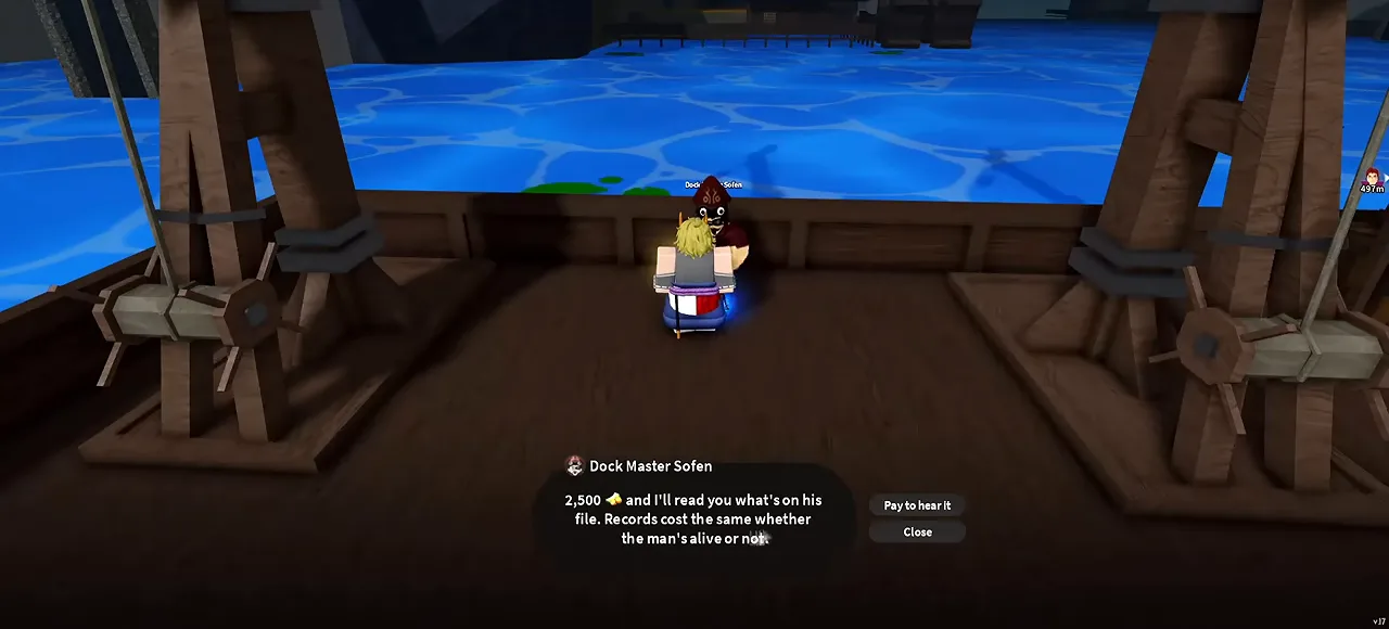 A player on the pier with the dock master, a paid dialog option open