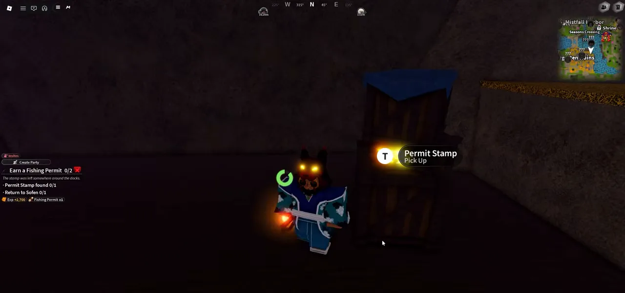 A player next to a wooden crate with a blue tarp against a cliff, a pick-up prompt beside it