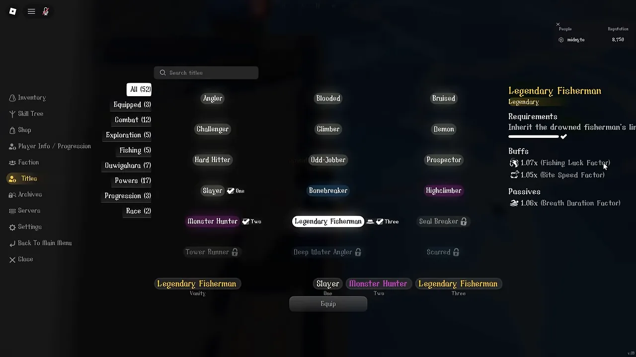 The titles menu with a Fishing category and one title's card
