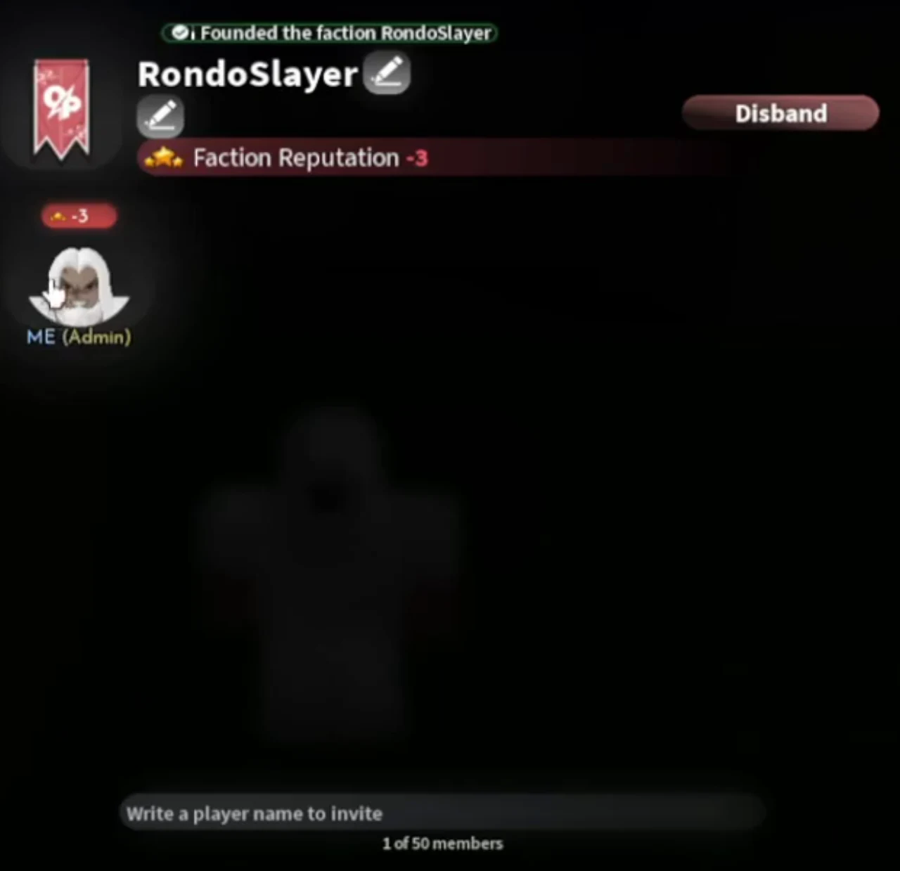 A new faction's panel with its reputation, a Disband button and one member