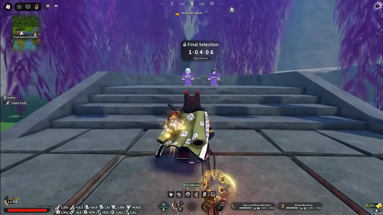 Stone steps under purple wisteria trees, with a countdown sign above two NPCs