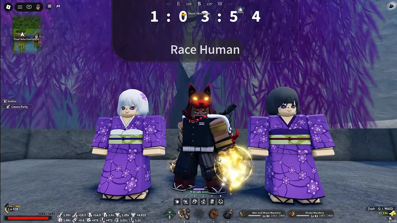 Two NPCs in purple kimonos flanking a player, with a large countdown overhead