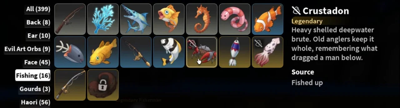 The Archives fishing tab with sixteen icons and the Crustadon card