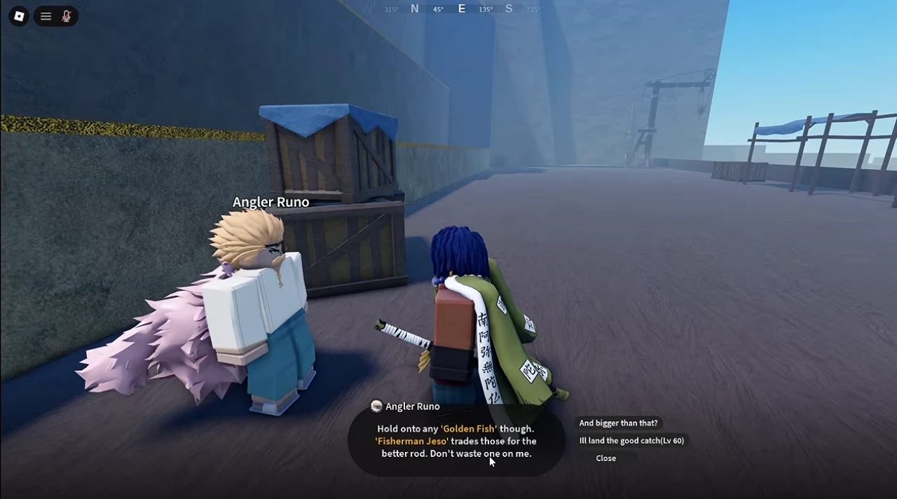 A player talking to Angler Runo on the dock, with three dialog options