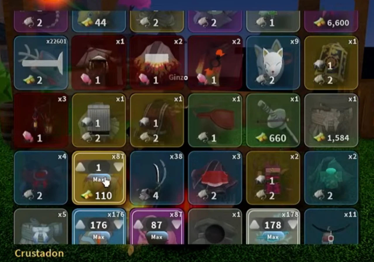 A merchant's sell grid with a crab tile selected