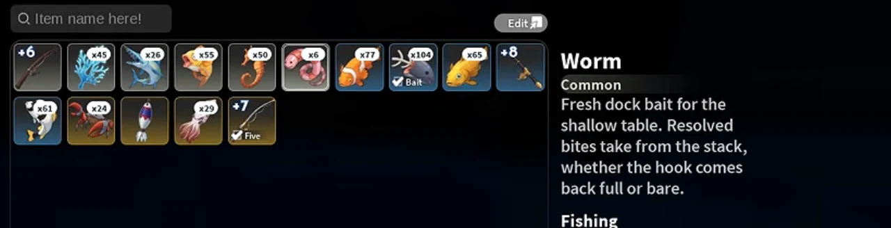 The fishing tab of an inventory with the Worm bait card