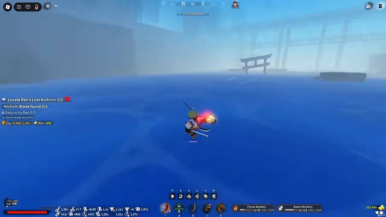 A player crossing water with a quest tracker on the left