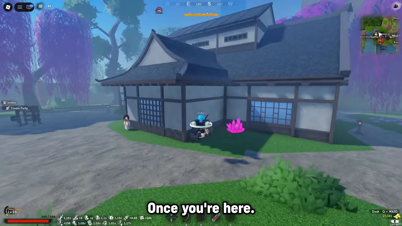 A player jumping up the side of a white two-storey building among purple wisteria trees