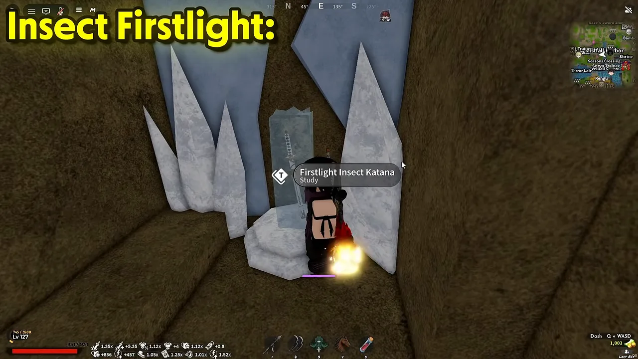 A player in a small cave with pale spikes beside a sword stuck in stone and a Study prompt