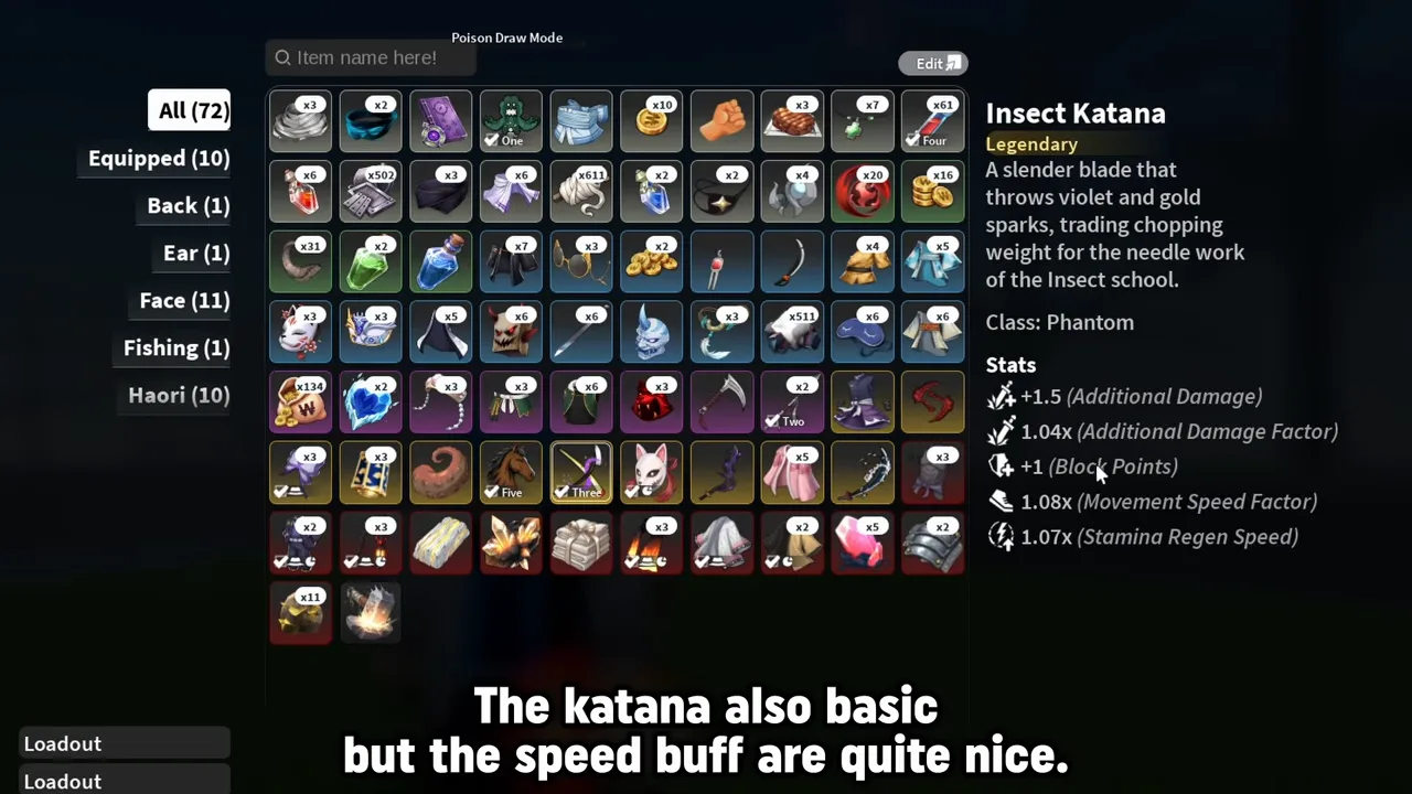 An inventory card for the Insect Katana with its stats