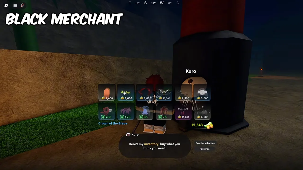 A hooded merchant named Kuro at night, with a grid of twelve items priced in Wen and Robux