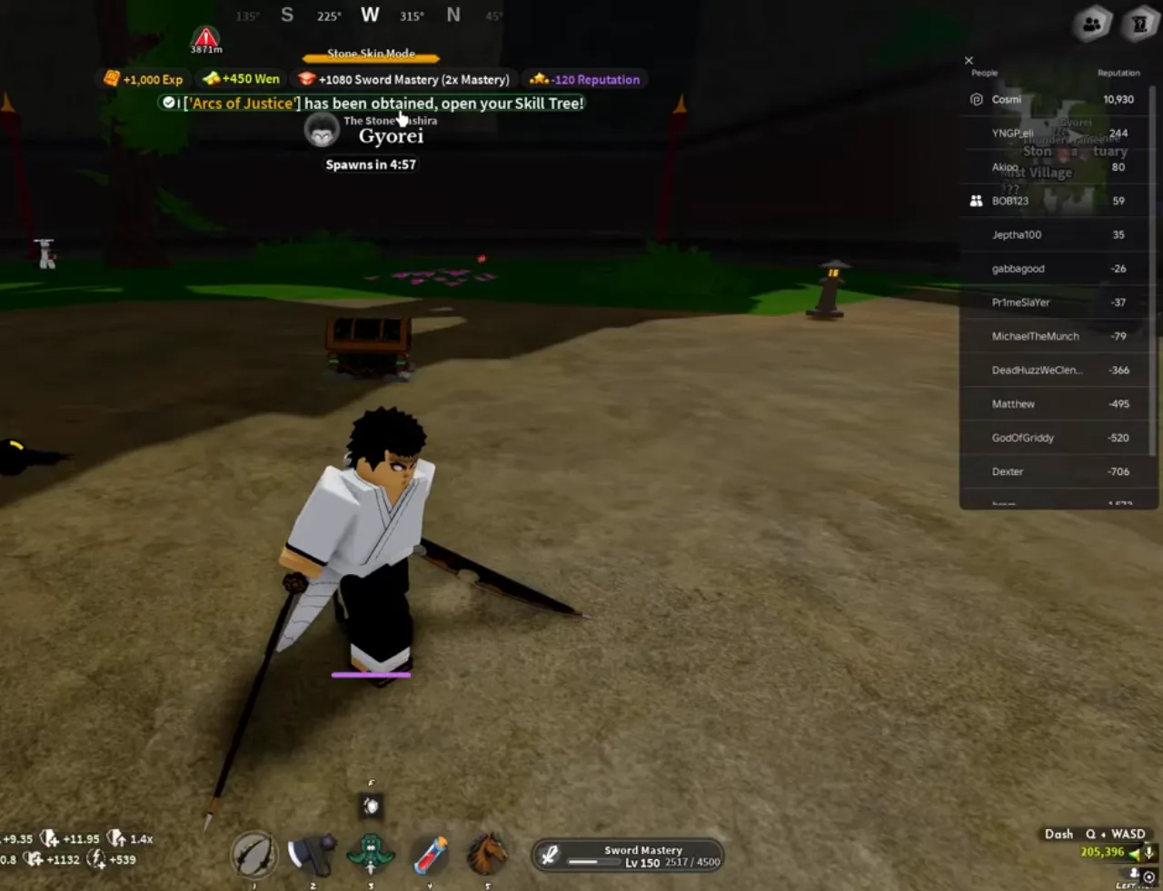 A Slayer beside Gyorei's respawn timer, with a doubled mastery toast
