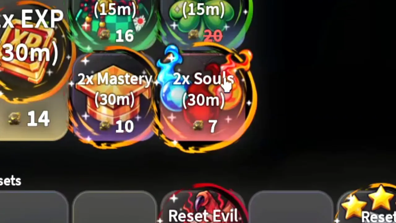 Close-up of shop cards for 2x Mastery and 2x Souls with their Ore prices