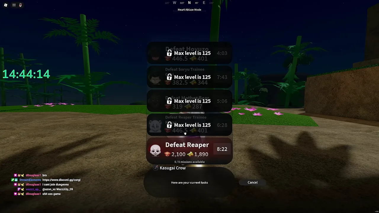 A crow's mission list, four rows locked and one open