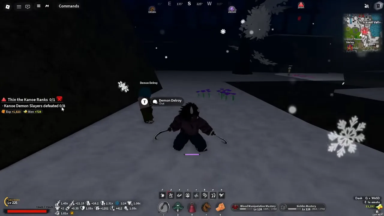 A demon in snow at night beside a quest giver