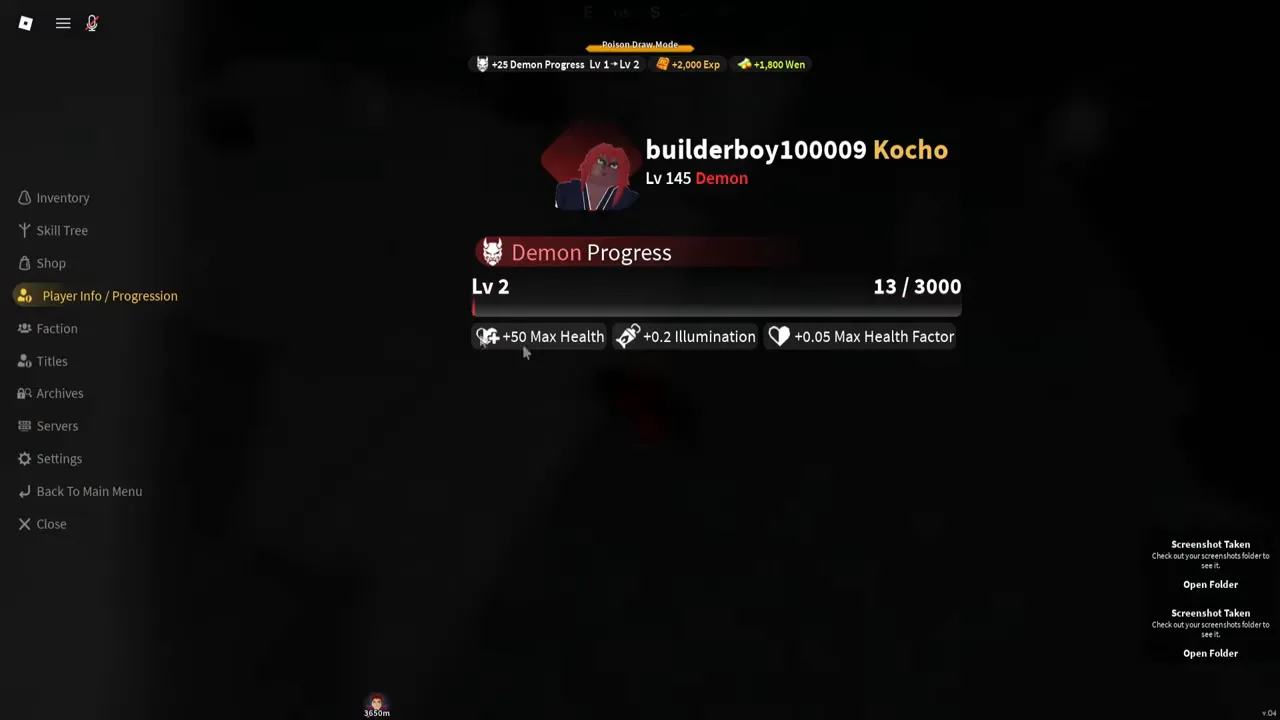 The Player Info menu of a demon, showing a Demon Progress bar at level 2
