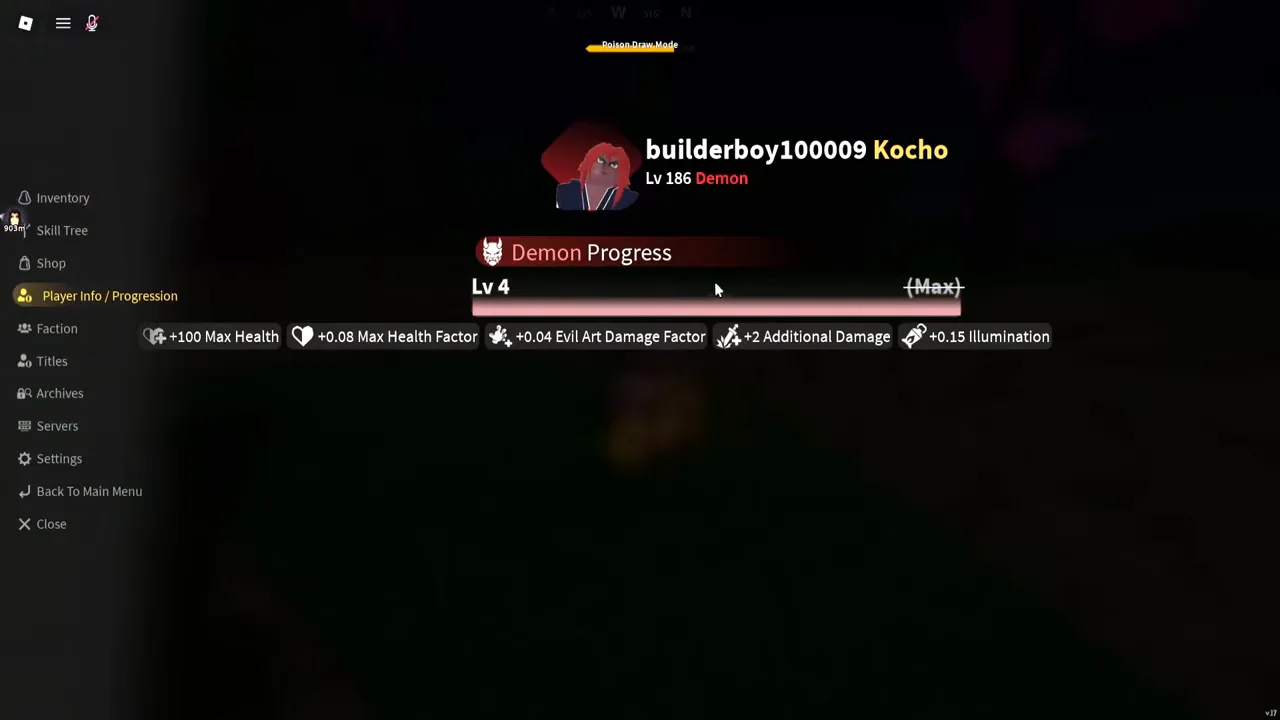 The same menu with the Demon Progress bar at its maximum