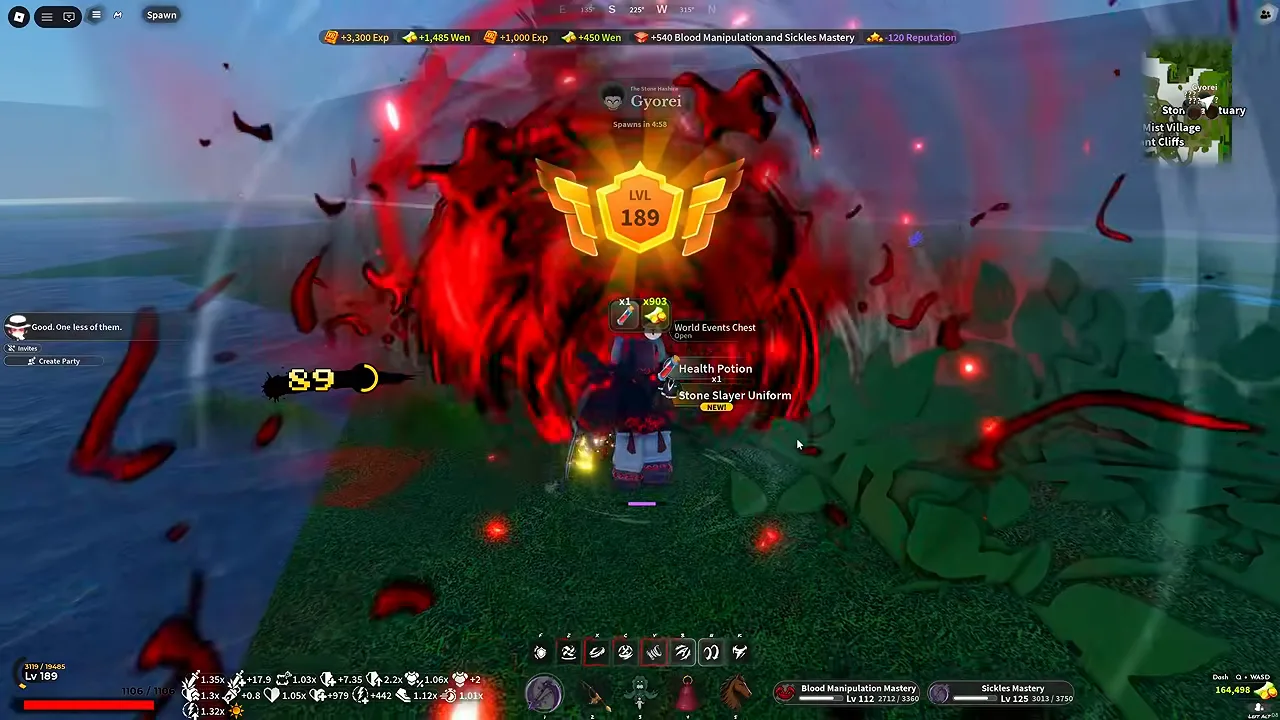 A demon at level 189 after killing a Hashira, reward toasts along the top