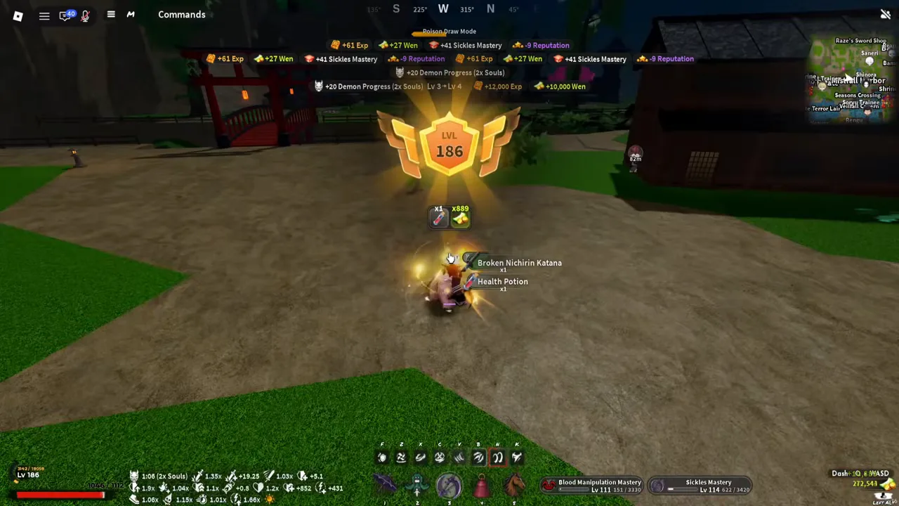 A demon levelling up after Mizunoto kills, a column of reward toasts