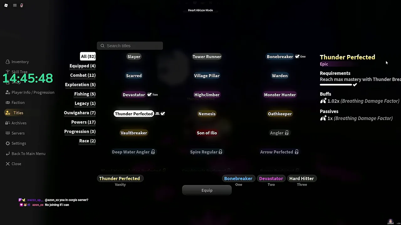 The Titles menu with the Thunder Perfected title selected