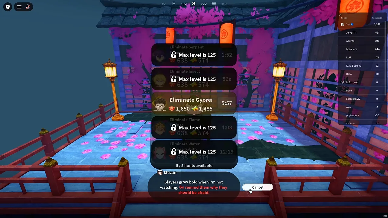 Muzan's hunt list in his lair, with the Roblox player list at the top right