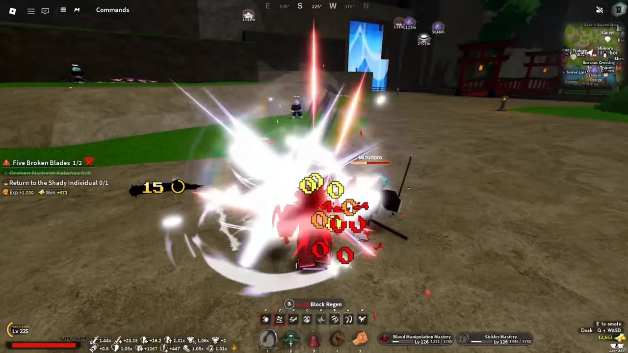 A demon fighting a Mizunoto with a quest tracker on the left