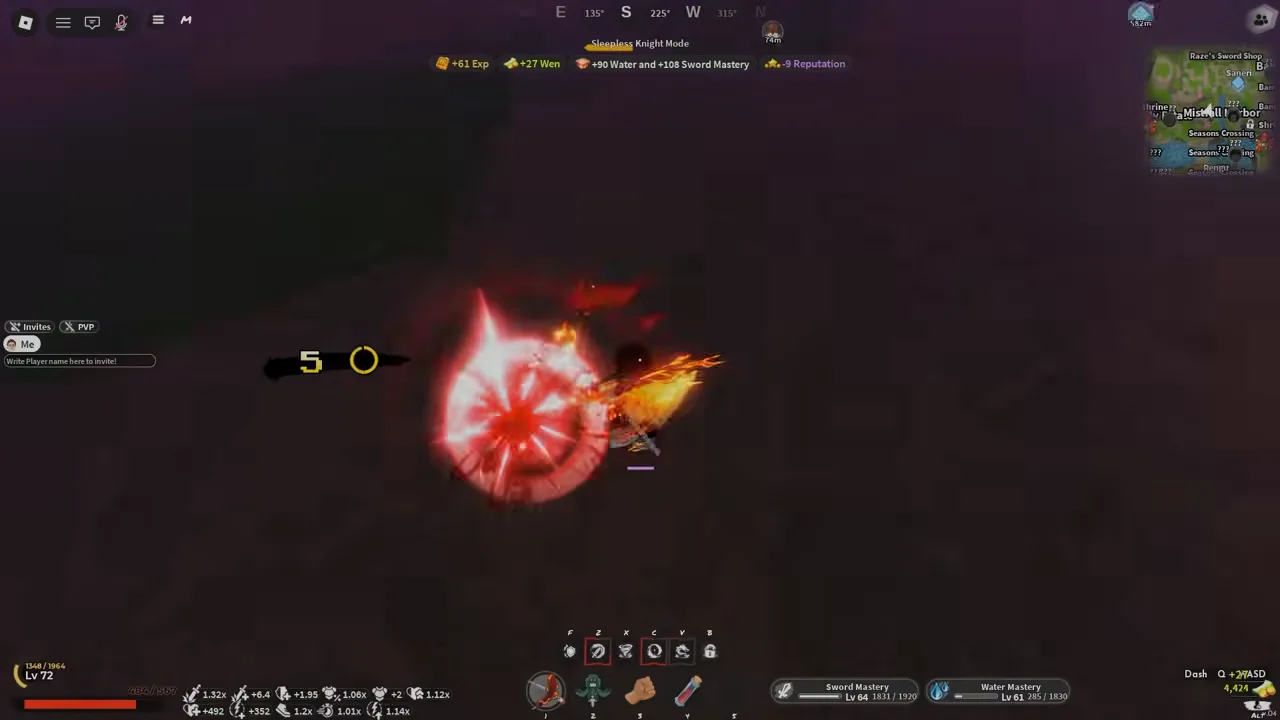 A Slayer's kill toast with separate water and sword mastery numbers, two bars at the bottom right