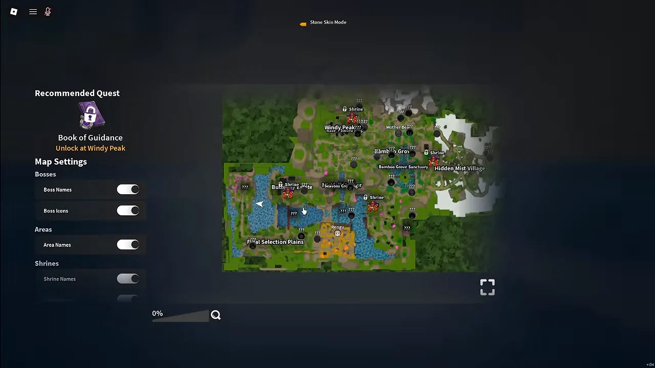 The full-screen map with a recommended quest panel and map settings on the left