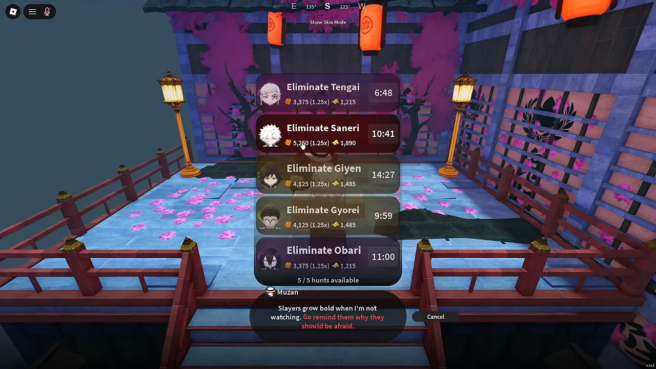 Muzan's bounty board with five boss hunts, seen alone in a private server