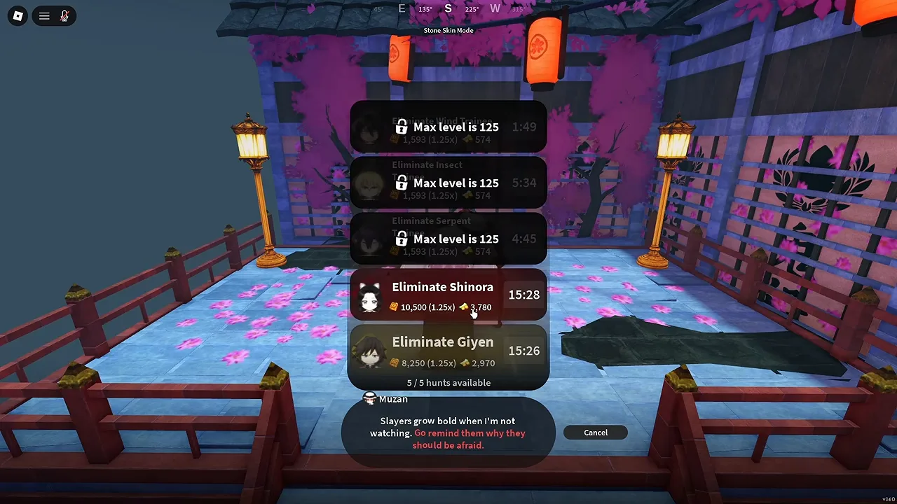 The same board in a public server, two boss hunts open and three trainee rows locked
