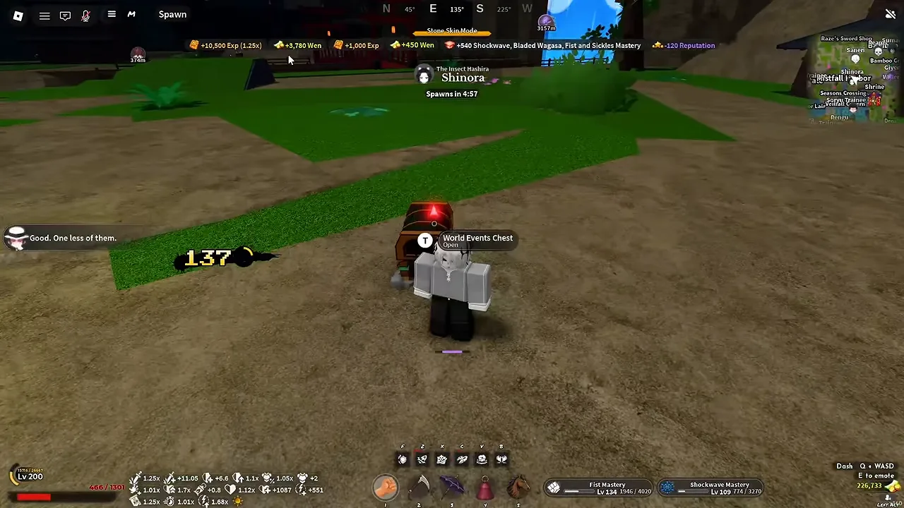 Reward toasts along the top after a Hashira kill, a World Events Chest at the player's feet