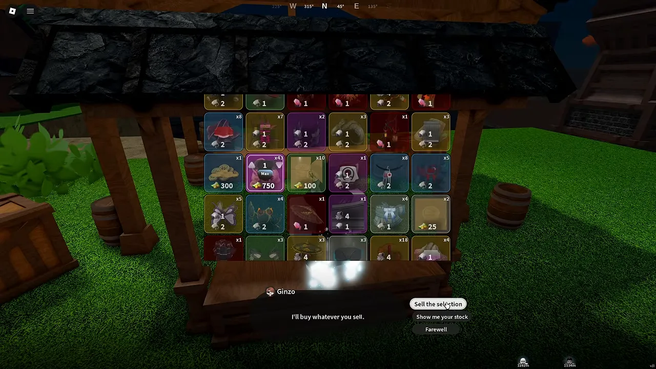 Ginzo's sell grid on an old server, a stack of 43 pouches priced 750