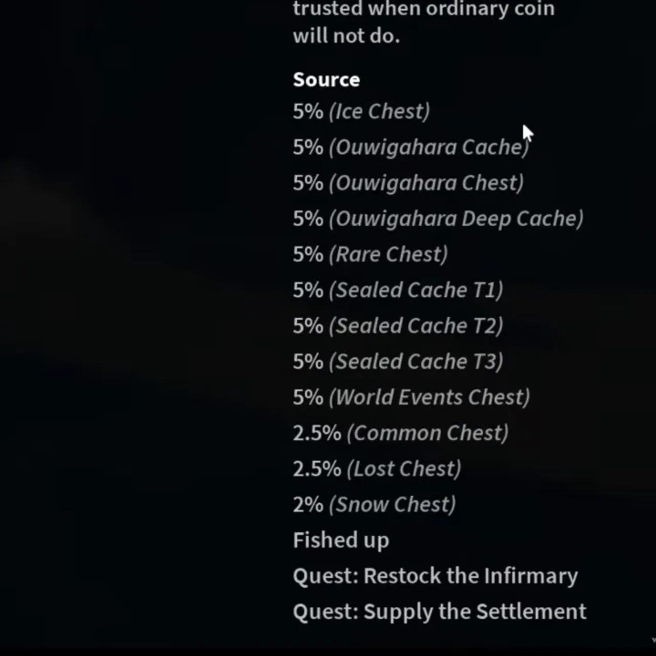 A list of Ore sources with a drop chance beside each chest