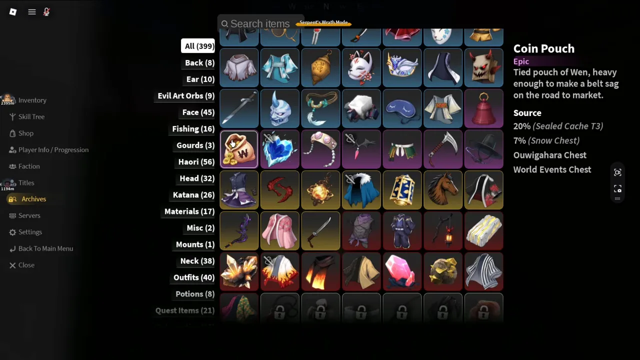 The Archives card for the Coin Pouch with its drop sources