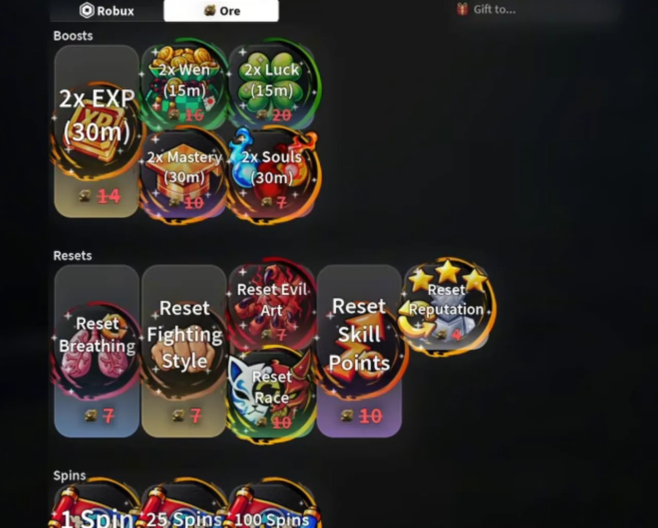 The shop's Ore tab: boosts and resets with Ore prices