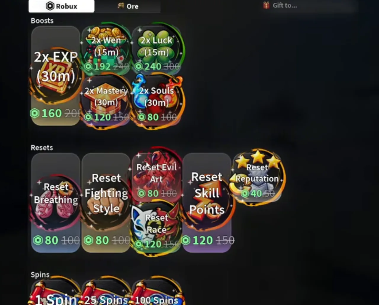 The shop's Robux tab with two prices on each tile