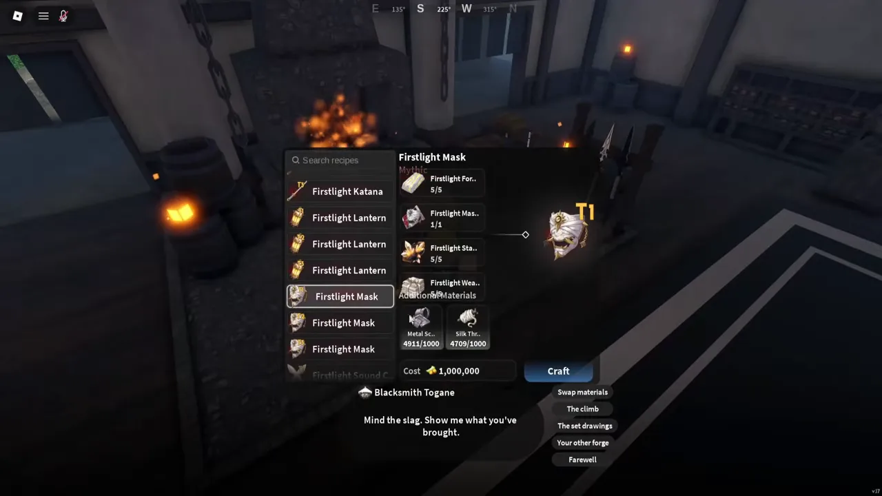 Togane's recipe window for the Firstlight Mask, with one list row per tier