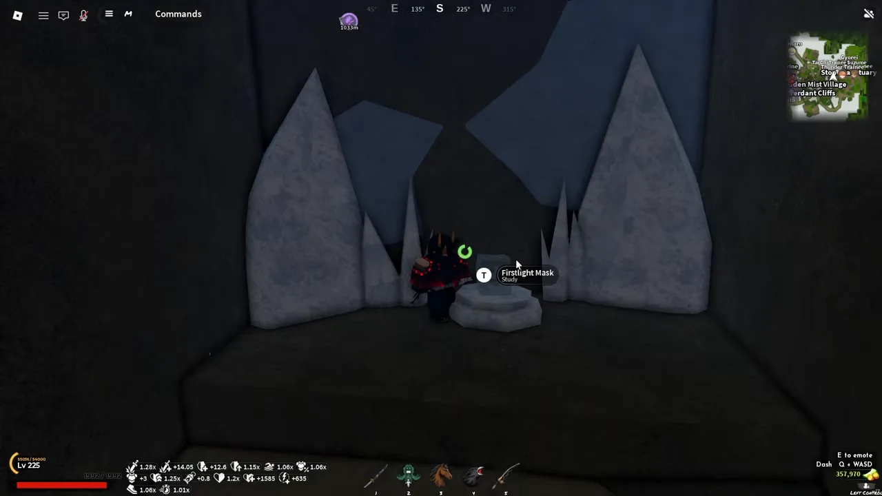 A player in a dark cave beside a stone pedestal with a study prompt