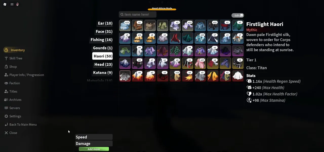 An inventory card for the Firstlight Haori at tier 1