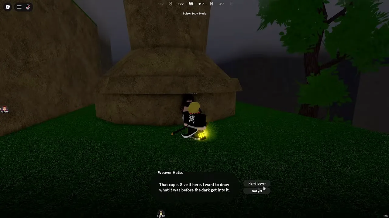 A player at the foot of a cliff with a dialog box from a weaver