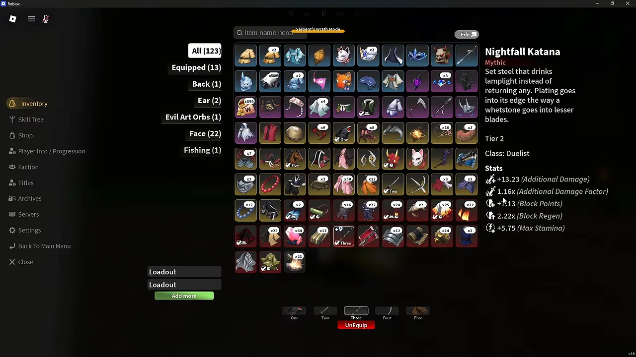 An inventory card for a tier 2 katana with five stats