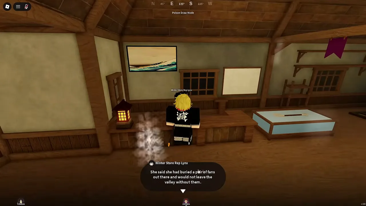 A player at a shop counter with a shopkeeper's dialog