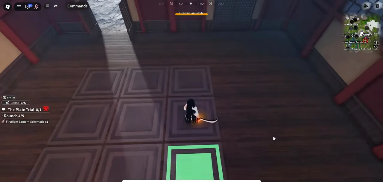 A player on a floor of tiles inside a hall, one tile lit green