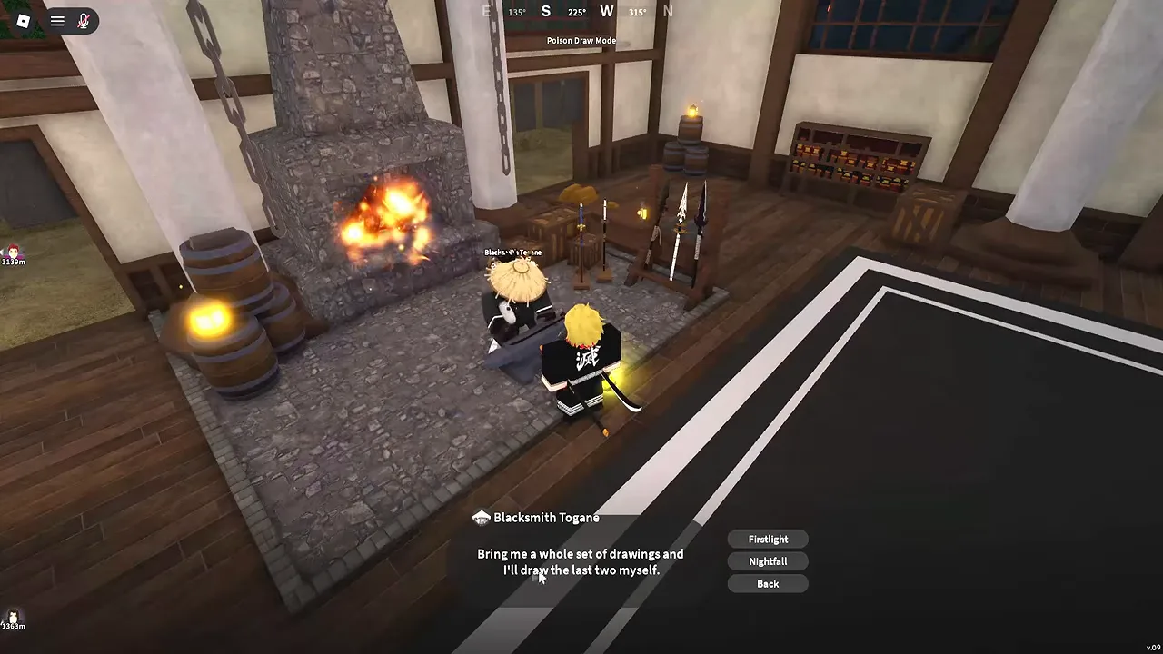The blacksmith at his forge with a dialog offering two sets