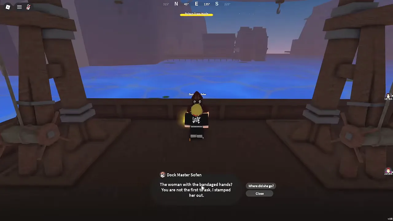 A player on the pier with the dock master's dialog